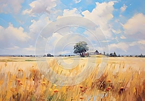 Oil art painting of country field in vintage