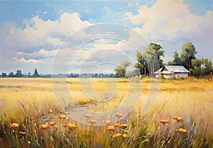 Oil art painting of country field in vintage