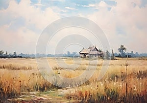 Oil art painting of country field in vintage