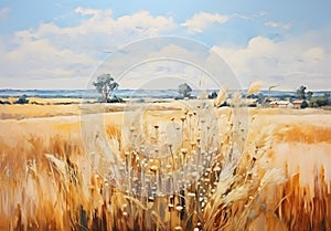 Oil art painting of country field in vintage