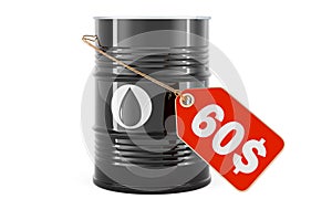 Oil barrel with 60 dollar price tag, 3D rendering