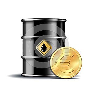 Oil barrel and gold euro currency coin isolated on white