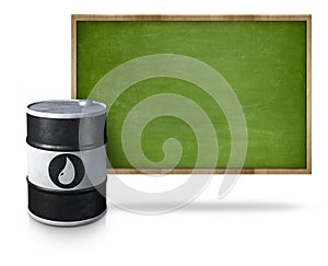Oil barrel and green blank blackboard with wooden