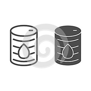 Oil barrel line and solid icon. Chemical metal can with drop, drum container. Fuel industry vector design concept