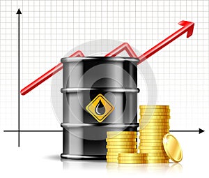 Oil barrel price rises chart and Black metal oil barrel with stack of gold coins.