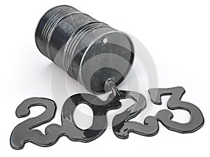 Oil barrel with spilled oil in a form os 2023. Happy new 2023 year for oil industry