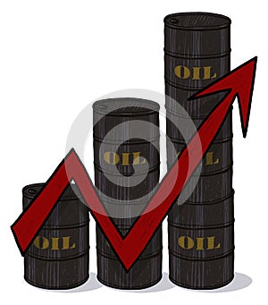Oil barrels chart graph with red arrow pointing up illustration