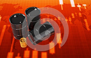 Oil barrels with coins on red bar chart background. Oil price change concept
