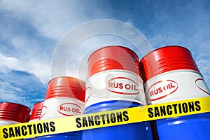 oil barrels in the colors of the Russian flag against the sky and the inscription on the tape - sanctions. World