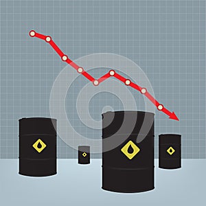 Oil barrels on Decline chart diagram background