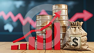 Oil barrels and dollar money bag and red arrow up.