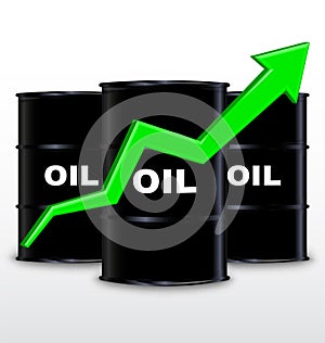 Oil Barrels And Green Arrow Chart On White Background, Up Trend photo