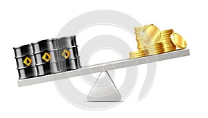 Oil barrels and money coins balancing on scales. Petroleum costs crisis concept. Falling price.