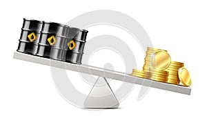 Oil barrels and money coins balancing on scales. Petroleum costs crisis concept. Rising price.