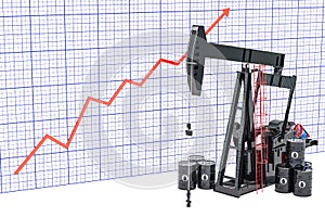 Oil barrels and pumpjacks with growing chart. 3D rendering