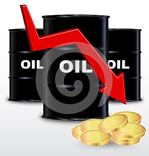 Oil Barrels And Stack Of Gold Coin, Price Fall Concept