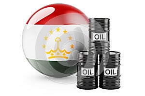 Oil barrels with Tajik flag. Oil production or trade in Tajikistan concept, 3D rendering