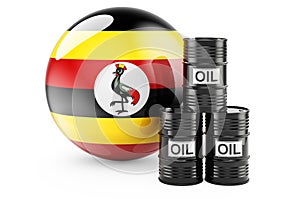 Oil barrels with Ugandan flag. Oil production or trade in Uganda concept, 3D rendering