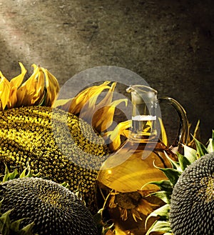 Oil bottle and sunflowers