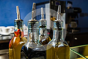 Oil bottles on the buffet table.