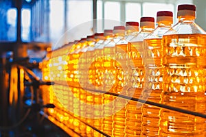 Oil in bottles. Industrial production of sunflower oil. Conveyor