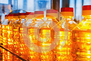 Oil in bottles. Industrial production of sunflower oil. Conveyor