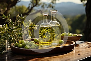 Oil in bottles and olives on a wooden table