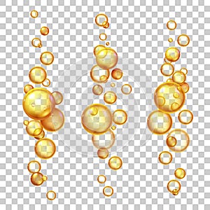 Oil bubbles. Gold cosmetic liquids with keratin, jojoba or collagen. Natural vitamin pills essence. Realistic 3d flying