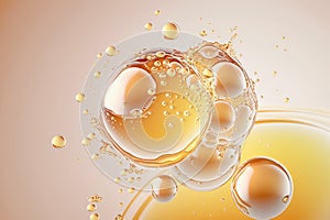 Oil Bubbles Isolated on gold Background, Closeup Collagen Emulsion in Water. Illustration. Gold Serum Droplets.Cosmetic liquid