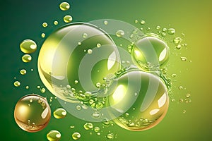 Oil Bubbles Isolated on green Background, Closeup Collagen Emulsion in Water. Illustration. Gold Serum Droplets.Cosmetic liquid