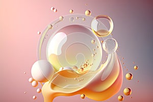 Oil Bubbles Isolated on pink Background, Closeup Collagen Emulsion in Water. Illustration. Gold Serum Droplets.Cosmetic liquid