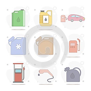 oil canister flat icon set with long shadow. car gas station, benzin canister, petrol vector flat illustration