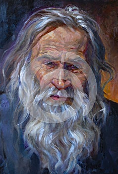 Oil on canvas of an old man with a beard and white hair