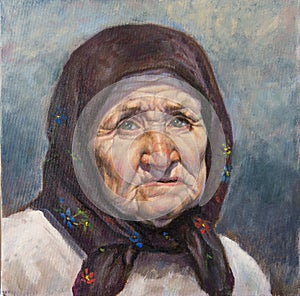 Oil on canvas of old with scarf