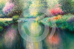 Oil Canvas Painting: Spring Meadow with Coloful Nature, River and Trees photo