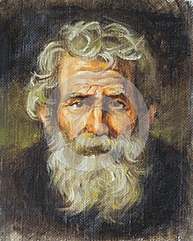 Oil on canvas of a senior with a mustache and hat