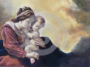 Oil on canvas of a young woman and her baby