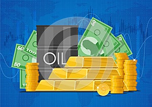 Oil cask, gold bars and piles of money. Business finance markets concept vector illustration