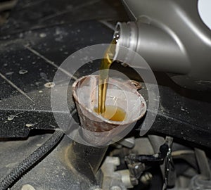Oil change in the engine of the car. Filling the oil through the funnel. Car maintenance