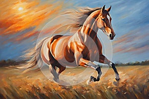 Brown horse running on a field, painted background, oil illustration.