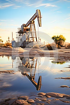 Oil concept. Oil pumping unit. Mining of oil and gas. Oil field area. Pump Jack is working. Drilling rigs for fossil fuel and