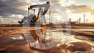 Oil concept. Oil pumping unit. Mining of oil and gas. Oil field area. Pump Jack is working. Drilling rigs for fossil fuel and