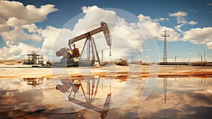 Oil concept. Oil pumping unit. Mining of oil and gas. Oil field area. Pump Jack is working. Drilling rigs for fossil fuel and