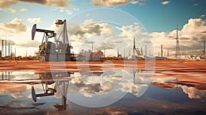 Oil concept. Oil pumping unit. Mining of oil and gas. Oil field area. Pump Jack is working. Drilling rigs for fossil fuel and