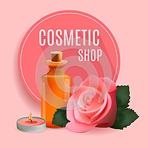 Oil Cosmetic Bottle with Candle and Rose . Template Cosmetic Shop, Spa Salon, Beauty Products Package, Medical Care Treatment. In