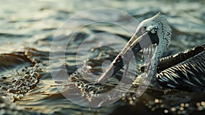 An oil-covered pelican floats in dirty water. An oil spill in the ocean, symbolizing the devastating effects of pollution on