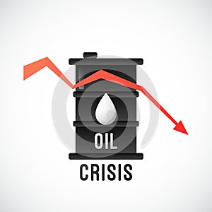 Oil crisis flat design with barrel and red down arrow showing a decline in oil prices.