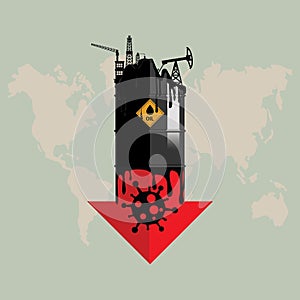Oil crisis because outbreak of pandemic coronavirus concept. Design with Rig, Winch, Melting Oil Tank and red down arrow with