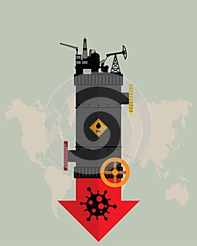 Oil crisis because outbreak of pandemic coronavirus concept. Design with Rig, Winch, Oil pipeline and red down arrow with COVID-