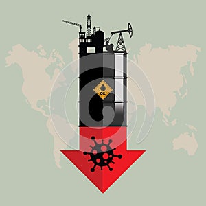 Oil crisis because outbreak of pandemic coronavirus concept. Design with Rig, Winch, Oil Tank and red down arrow with COVID-19